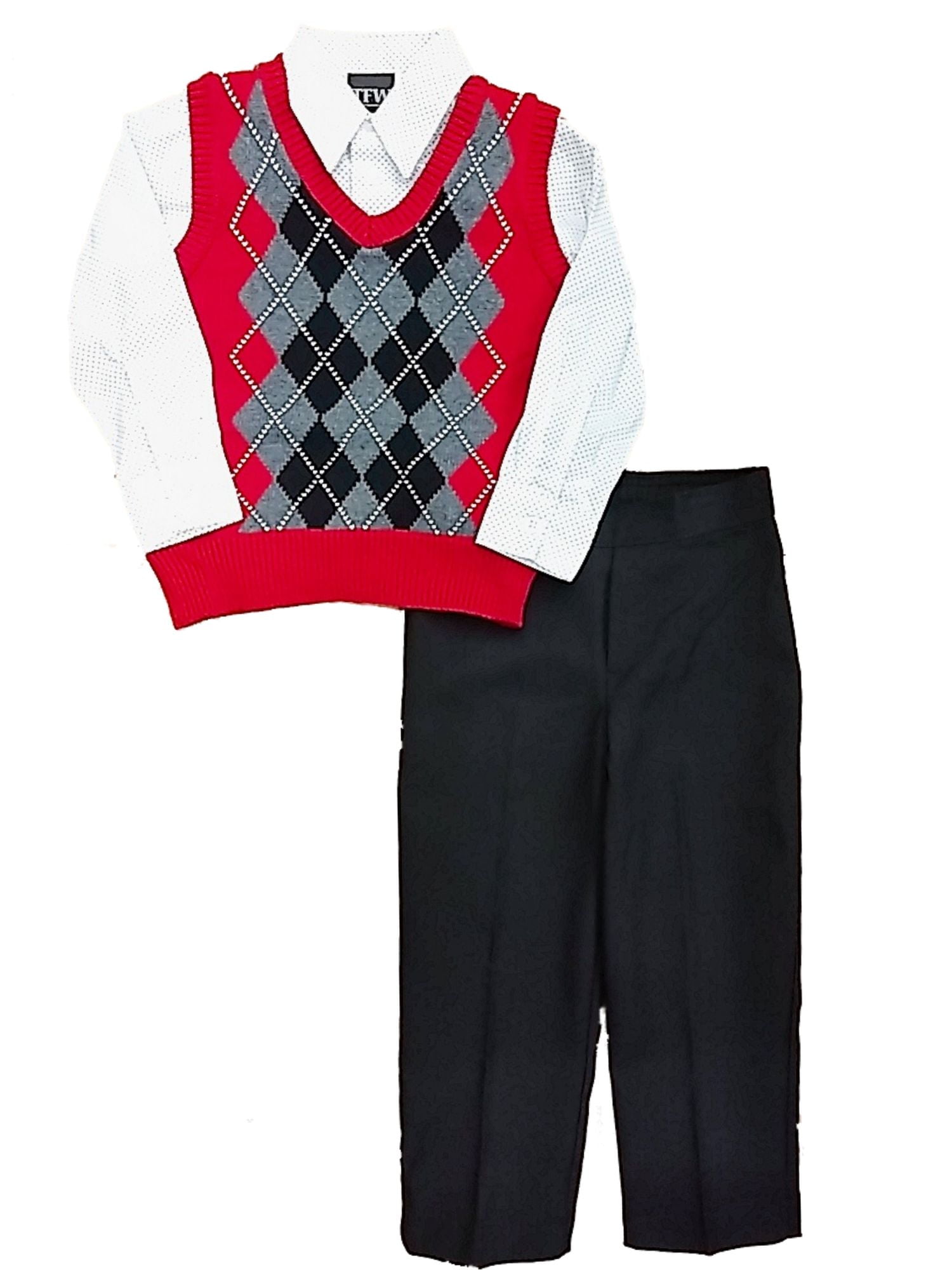 Toddler Boys Red Sweater Vest Polka Dot Shirt & Black Pants Outfit Set