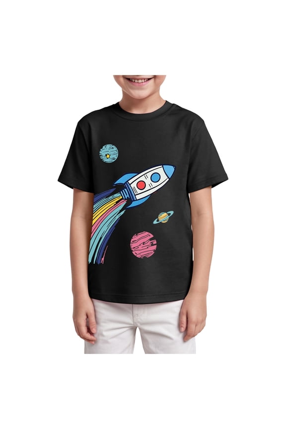 Toddler Boys Rocket Print Top Kids Cute Crew Neck Short Sleeve Tee Summer Casual Daily Clothes Age 2 to 14 Y