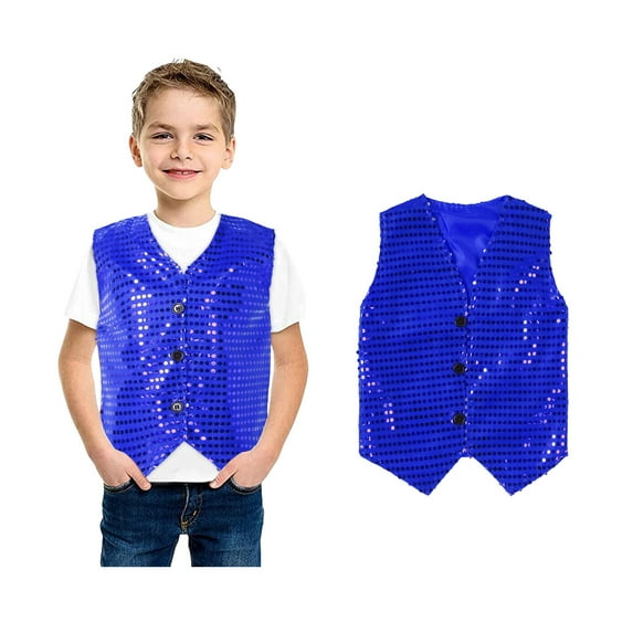 Toddler Boys Sequin Vest Sequin Sparkle Sleeveless Button Vest Boys Blue Vest Party Carnival Gown Vest Top Size 12-18 Months