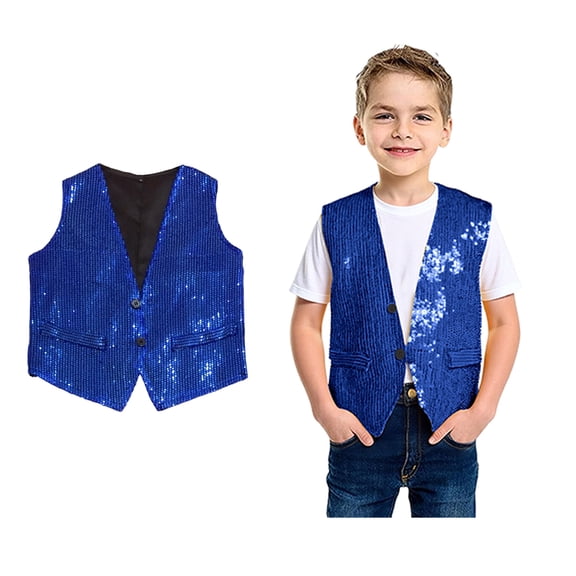 Toddler Boys Sequin Vest Sleeveless Blue Vest Shiny Dance Vest Jazz Hip Hop Disco Party Performance Party 1-3 Years