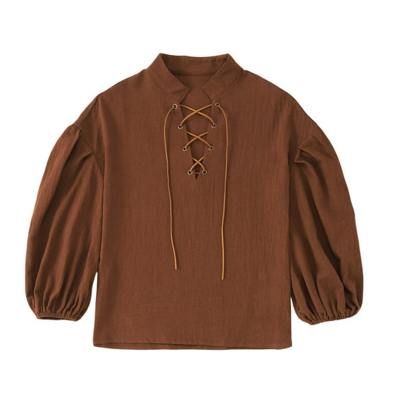 Toddler Boys Shirts & Tops Summer Solid Color V Neck Lace Up Vintage Long Sleeve Pullover T-Shirts Holiday Wear,Brown,5-6 Years