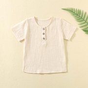 Toddler Boys Short Sleeve Button Top, Kids Casual Wrinkled Cotton Gauze Shirt, Round Neck Button Front Summer Tee for Playtime and Family Outings