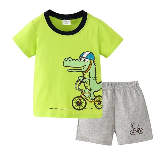 Toddler Boys Short Sleeve Cartoon Prints T Shirt Tops Shorts Gentleman Outfits Green 3T