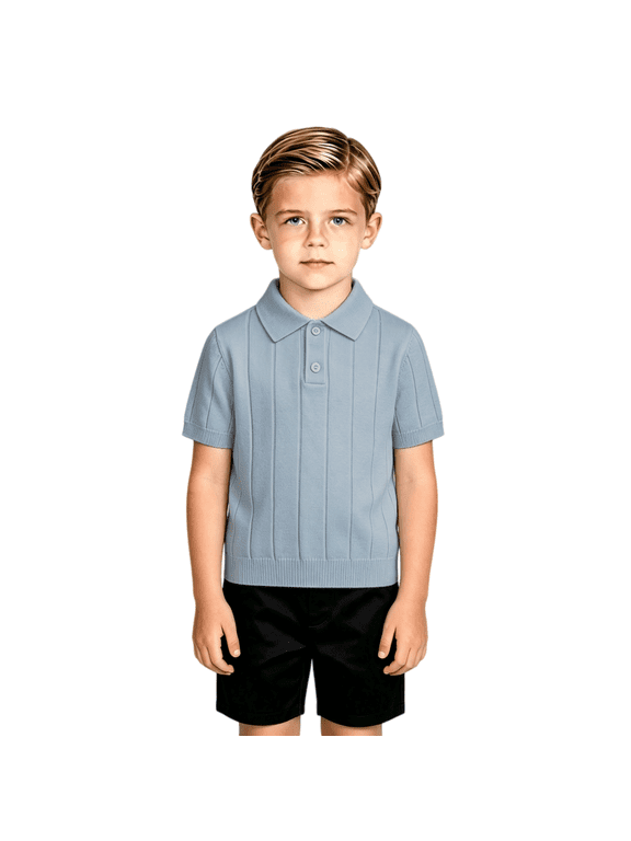 Toddler Boys Short Sleeve Knit Polo Shirt Ribbed Sweater Top Collared Pullover Button Placket Casual Regular Fit School Uniform