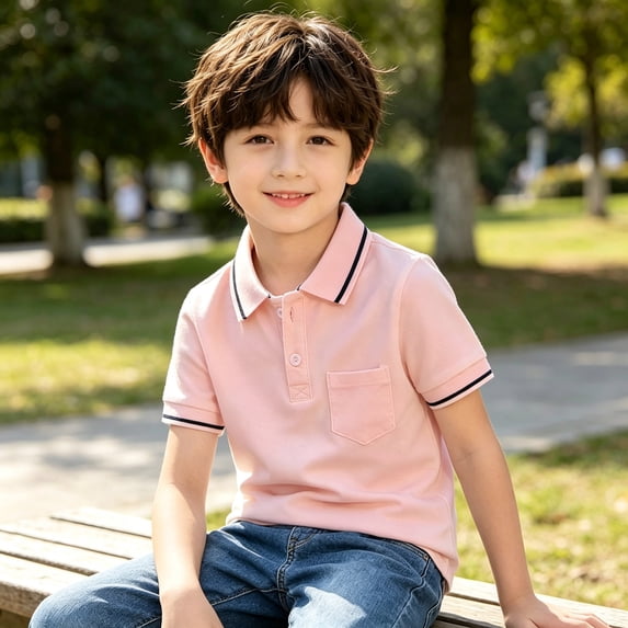 Toddler Boys Short Sleeve Polo Shirts Kids Casual School Uniform Pink Button Collared Tee Performance Active T Shirt 6-7 Years