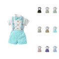 thumbnail image 1 of Toddler Boys Short Sleeve Solid T-Shirt with Suspenders & Shorts, Formal Gentleman Outfit with Bowtie, Kids Wedding Suit Top, 1 of 4
