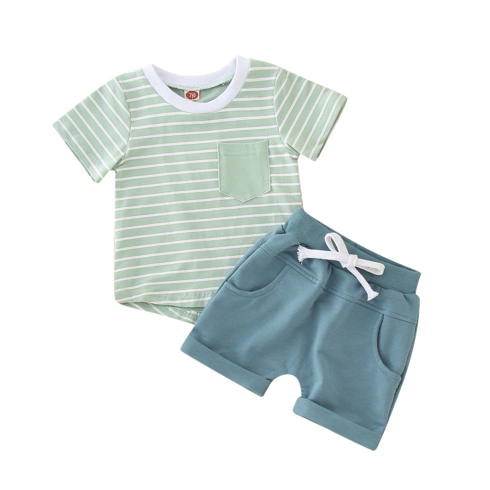 100% Cotton 2pcs Baby Boy Contrast Collar Letter Print Short-sleeve Striped Top and Solid Shorts Set