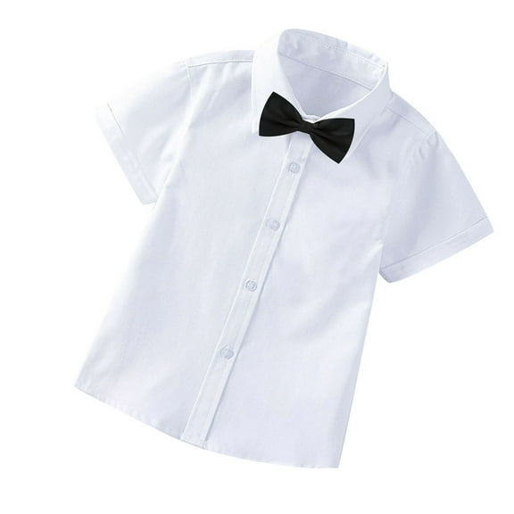 Toddler Boys Short Sleeve Uniform Classic Solid Cotton Dress Shirt Button Down Casual Dress Shirt with Bow Tie