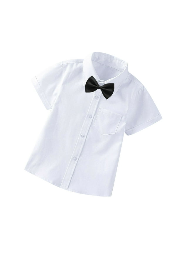 Toddler Boys Short Sleeve Uniform Classic Solid Cotton Dress Shirt Button Down Casual Dress Shirt with Bow Tie