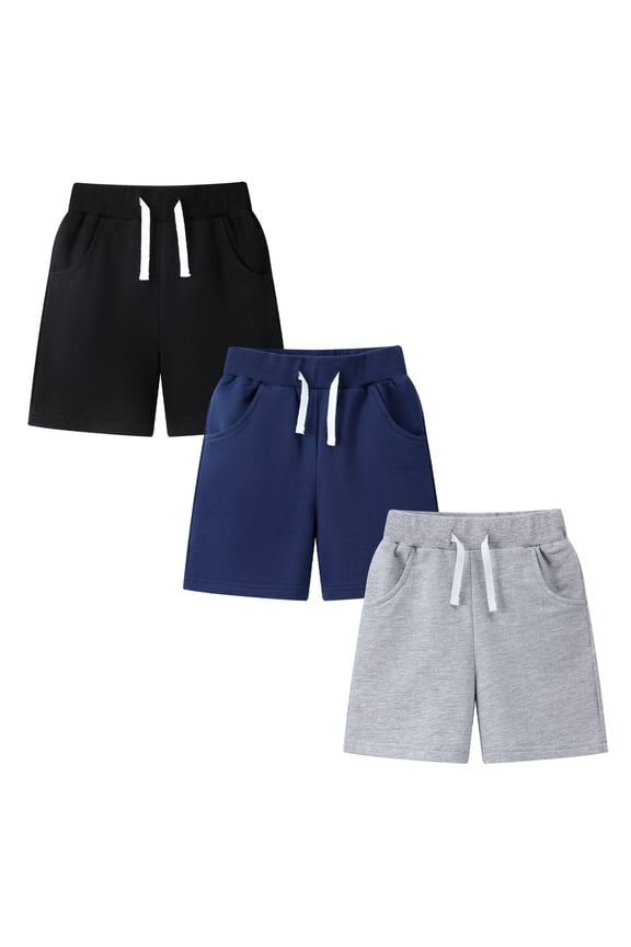 Toddler Boys' Cotton Shorts 3-Pack with Pockets, Grey/Black/Navy, Size 12M