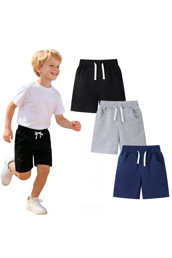 Toddler Boys' Cotton Shorts 3-Pack with Pockets, Grey/Black/Navy, Size 4 Years