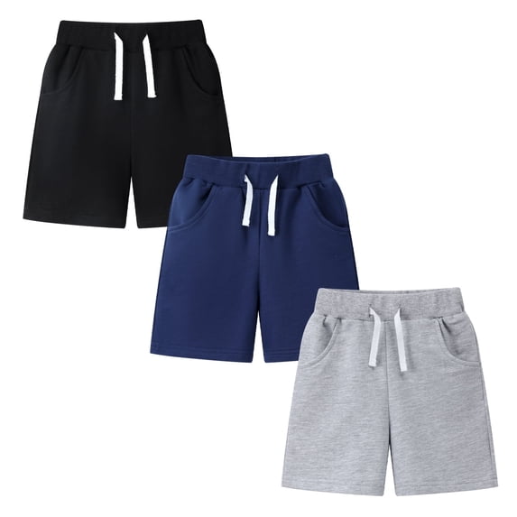 HILEELANG Toddler Boys' Cotton Shorts 3-Pack with Pockets, Grey/Black/Navy, Size 5 Years