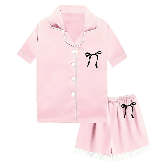 Toddler Boys Silk Pajamas Set Bow Print Short Sleeve Button Down Top Shorts Set Pajamas Sleepwear Outfits Cute Pjs for Girls 2-3 years