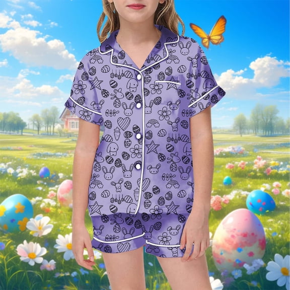 Toddler Boys Silk Pajamas Set Bunny Summer Pajamas Button Down Shorts Set Silk Pajamas Outfits Girls Pajamas 3-4 Years