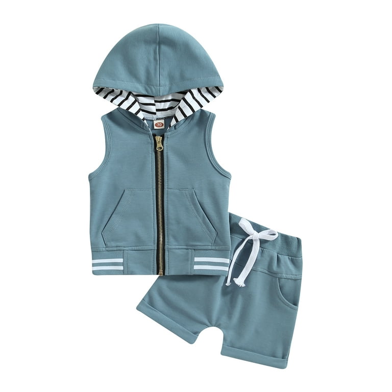 Toddler Boys Sleeveless Zipper Hoodie Solid Color Drawstring Shorts