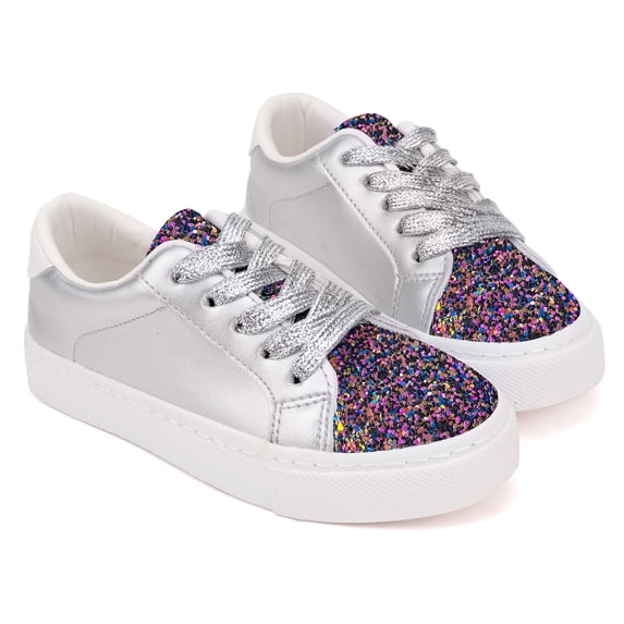 Toddler Boys Sneakers Girls Shoes Kids Low Top Lace Up Non-Slip Sparkle Glitter Sliver Lightweight Rubber Sole Breathable Fashion Casual Purple Size 2