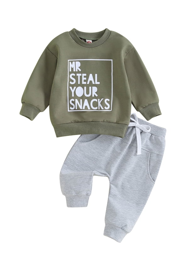 Toddler Boys Spring Fall Outfits Mr. Steal Your Snacks 6M 12M 18M 2T 3T Sweatshirt Tops and Drawstring Pants Clothes Set