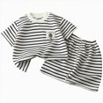 thumbnail image 1 of Toddler Boys Striped 2-Piece Outfit Summer Crew Neck Short Sleeve Top Elastic Waist Matching Shorts Kids Casual Set Beige 5-6 Years, 1 of 7