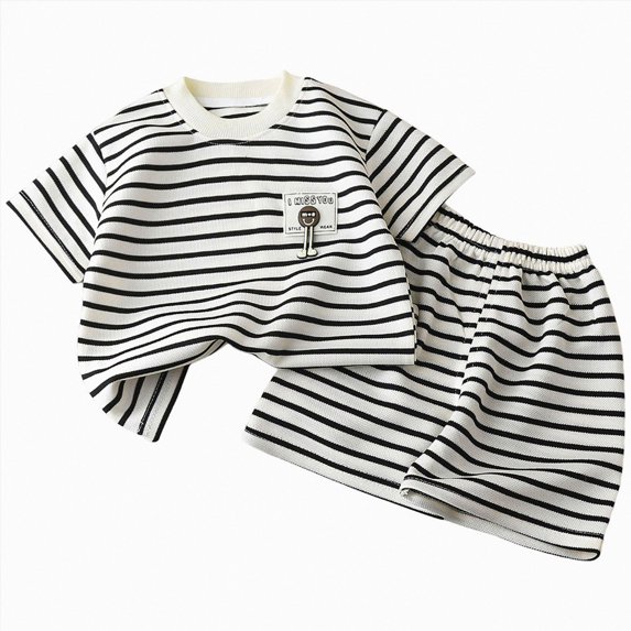 Toddler Boys Striped 2-Piece Outfit Summer Crew Neck Short Sleeve Top Elastic Waist Matching Shorts Kids Casual Set Beige 5-6 Years