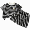 thumbnail image 1 of Toddler Boys Striped 2-Piece Outfit Summer Crew Neck Short Sleeve Top Elastic Waist Matching Shorts Kids Casual Set Black 2-3 Years, 1 of 7