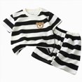 thumbnail image 1 of Toddler Boys Striped 2-Piece Outfit Summer Crew Neck Short Sleeve Top Elastic Waist Matching Shorts Kids Casual Set Khaki 12-18 Months, 1 of 7