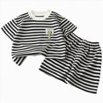 thumbnail image 1 of Toddler Boys Striped 2-Piece Outfit Summer Crew Neck Short Sleeve Top Elastic Waist Matching Shorts Kids Casual Set White 18-24 Months, 1 of 7