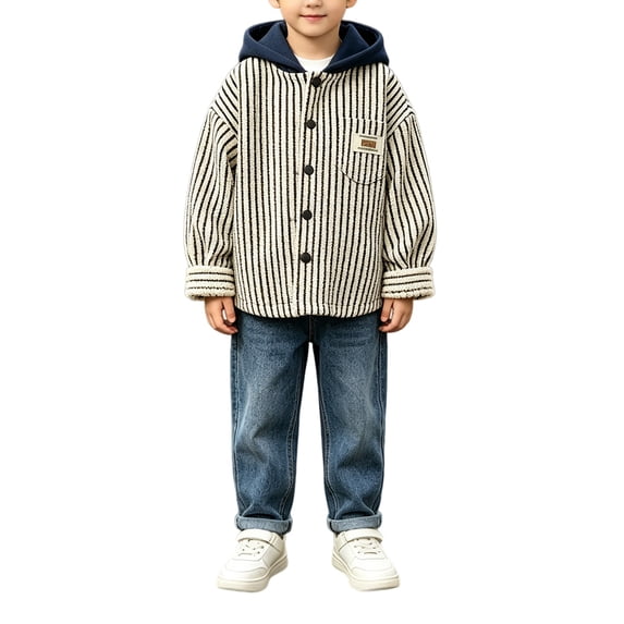 Toddler Boys Striped Hooded Sweatshirts Oversized Button Down Jackets Fall Cute Casual Long Sleeve Preppy Sweater with Pocket
