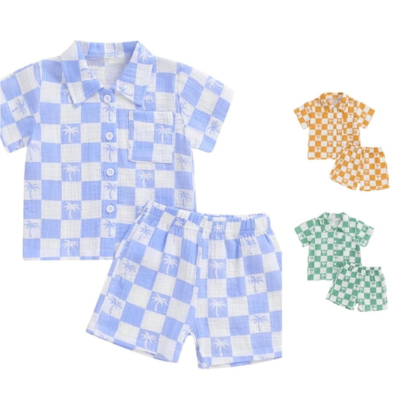 Toddler Boys Summer 2-Piece Outfit Checkered Tree Print Shirt Tops and Shorts Outfit Sets Size 2-3T ,Blue
