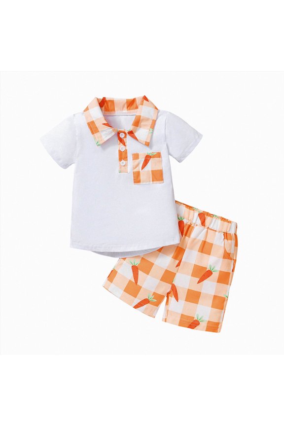 Toddler Boys Summer 2 Piece Outfits Polo Collar Short Sleeve Top Plaid Print Shorts for Daily Casual Wear Boys Orange 70