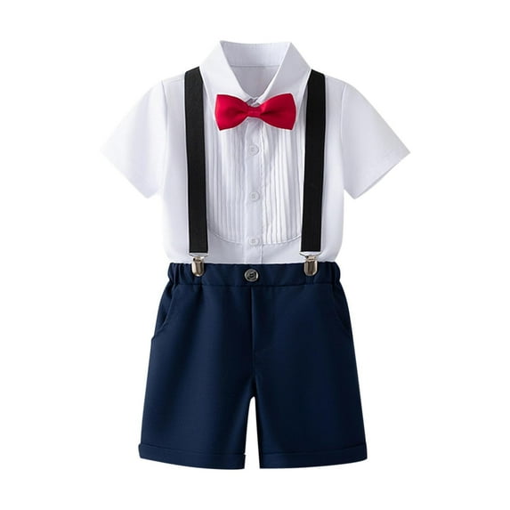 Toddler Boys Summer Clothes Cute Bow Short Sleeve Lapel Tuxedo Shirt + Suspenders Shorts 2 Piece Outfits for 1-12 Years