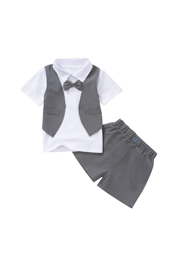Toddler Boys Summer Clothes Cute Bow Short Sleeve Tuxedo Lapel Shirt + Shorts 2 Piece Outfits for 1-6 Years