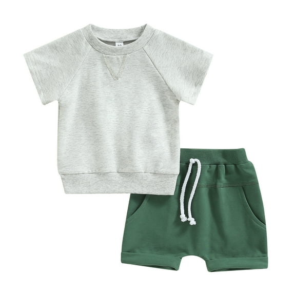 Toddler Boys Summer Outfit Sets 6 12 18 24M 3T Short Sleeve O Neck Tops + Solid Color Drawstring Shorts