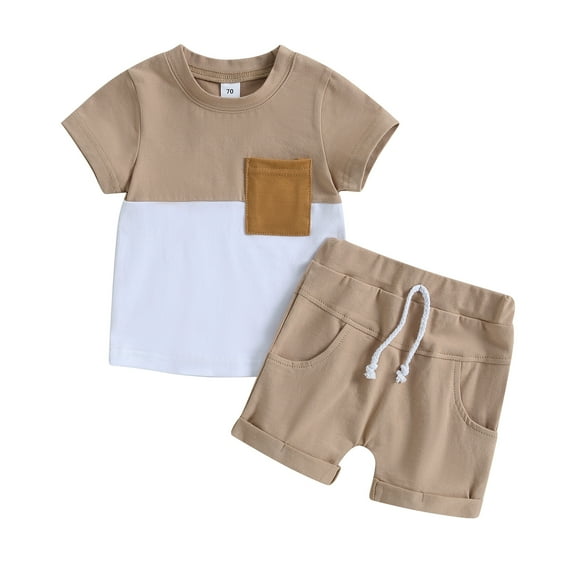 Toddler Boys Summer Outfit Sets 6 12 18 24M 3Y Short Sleeve Contrast Color Tops + Solid Color Drawstring Shorts