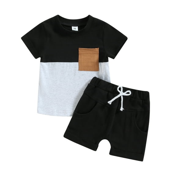 Toddler Boys Summer Outfit Sets 6 12 18 24M 3Y Short Sleeve Contrast Color Tops + Solid Color Drawstring Shorts