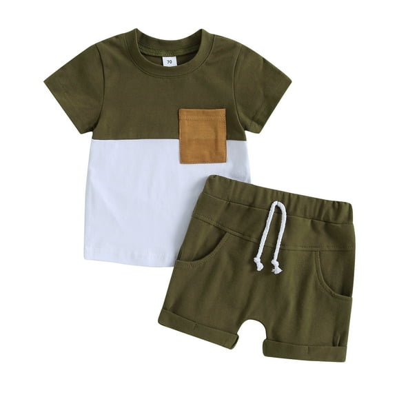 Toddler Boys Summer Outfit Sets 6 12 18 24M 3Y Short Sleeve Contrast Color Tops Solid Color Drawstring Shorts