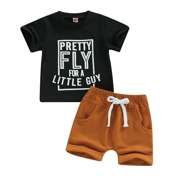 Toddler Boys Summer Outfit Sets 6 12 18 24M 3Y Short Sleeve Letter Print T-shirt + Solid Color Drawstring Shorts