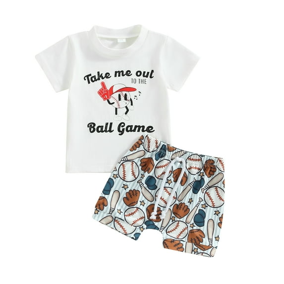 Toddler Boys Summer Outfit Sets White Short Sleeve Letter Print Tops + Baseball Print Shorts 1 Months-3 Years