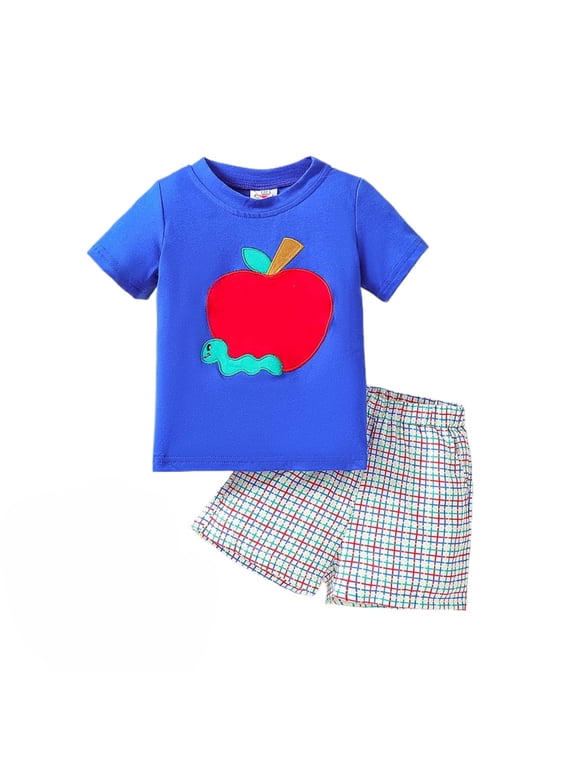 Toddler Boys Summer Outfit Short Sleeve Apple Print T Shirt With Checkered Shorts Playwear