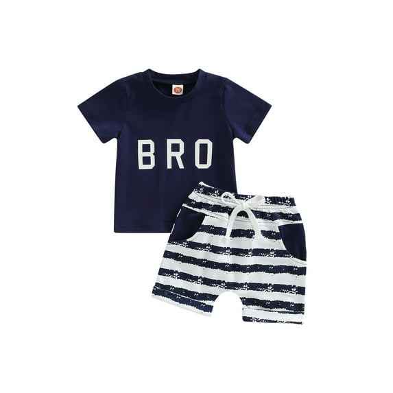 Toddler Boys Summer Outfit Short Sleeve Letter Print T-shirt Solid Color/Striped Shorts Clothing Sets
