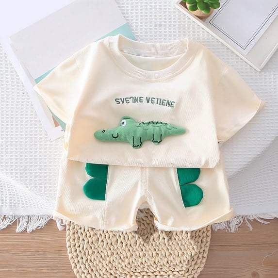 Toddler Boys Summer Outfits 2 Piece Animal Cartoon Print Top and Shorts Casual Suit Clothing Set Size 18-24 Months ,White