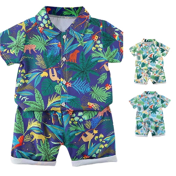 Toddler Boys Summer Outfits Beach Patterned Button Down Shirt and Shorts Outfit Sets Size 110/XL ,Green
