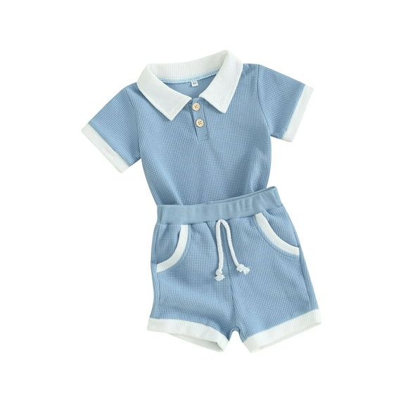 Toddler Boys Summer Outfits Contrast Color Buttons Short Sleeve T-Shirts Waffle Tops Elastic Waist Shorts Set