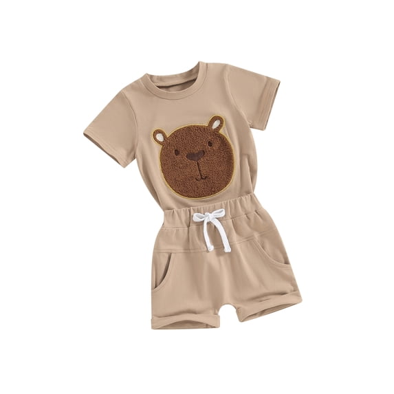 Toddler Boys Summer Outfits, Fuzzy Bear Embroidered Short Sleeve T-Shirts Tops Elastic Waist Shorts Set