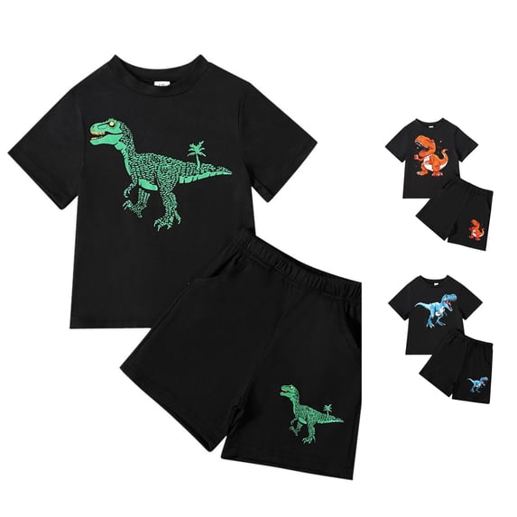 Toddler Boys Summer Outfits Short Sleeved Crew Neck Dinosaur Print Tops and Shorts Sleepwear Sets Size 4-5T ,Green
