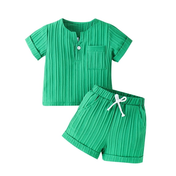 Toddler Boys Summer Outfits Solid Color Button Pocket Short Sleeve Tops Elastic Waist Shorts Set