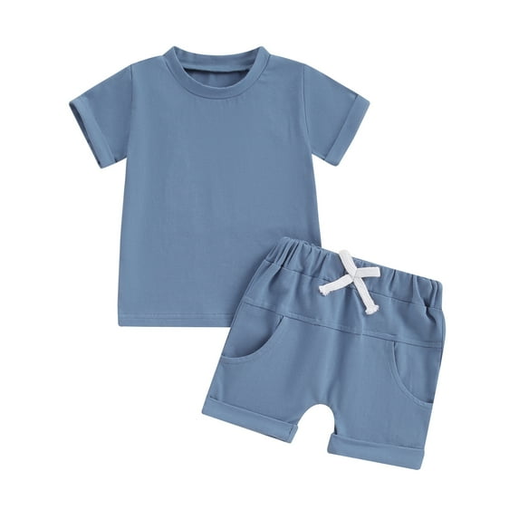 Toddler Boys Summer Outfits Solid Color Rolled Hem Short Sleeve T-Shirts Tops Elastic Waist Shorts 2Pcs Clothes Set