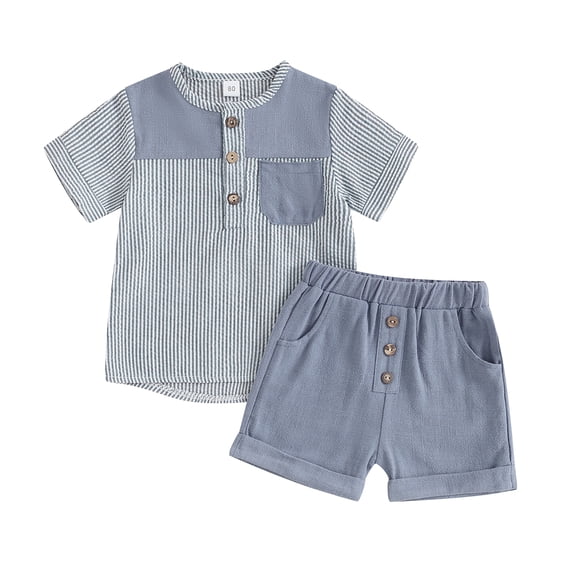 Toddler Boys Summer Outfits Striped Print Short Sleeve T-Shirt and Elastic Shorts for 2 Piece Vacation Clothes Set