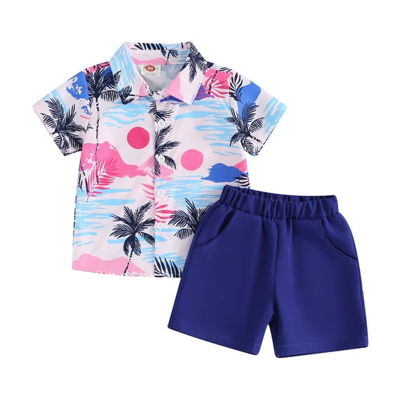Toddler Boys Summer Outfits Tree Print Button Short Sleeve Beach Shirt and Elastic Shorts for 2 Piece Vacation Clothes
