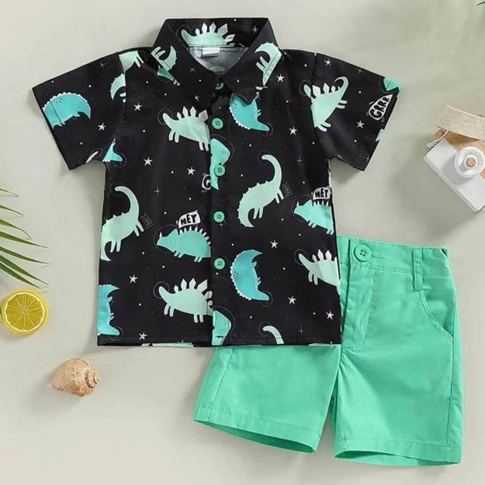 Toddler Boys Summer Short Outfits Clothes Set Kids Beach Print Short Sleeve Cotton T-Shirt Tops and Shorts 2 Piece Crewneck Clothing Set Age 1-7 Years Old Black 4-5 Years