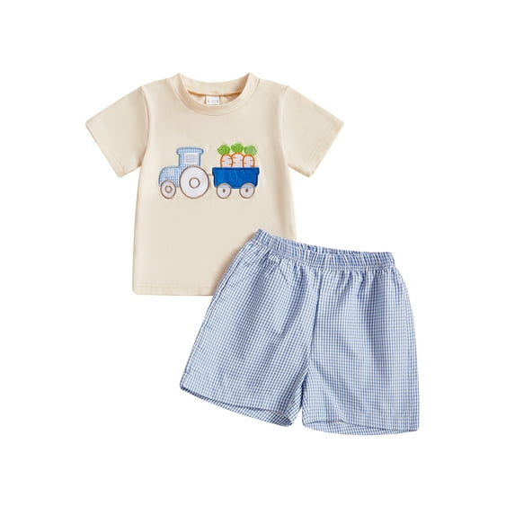 Toddler Boys Summer Shorts Set 6 12 18 24 Months 2T 3T 4T Baby Boy Easter Clothes Short Sleeve Round Neck Tractor Carrot Embroidery Tops Elastic Waistband Plaid Shorts Outfits